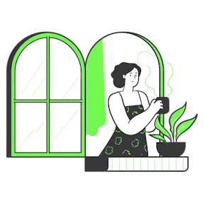 Mulher em uma janela cuidando de sua planta